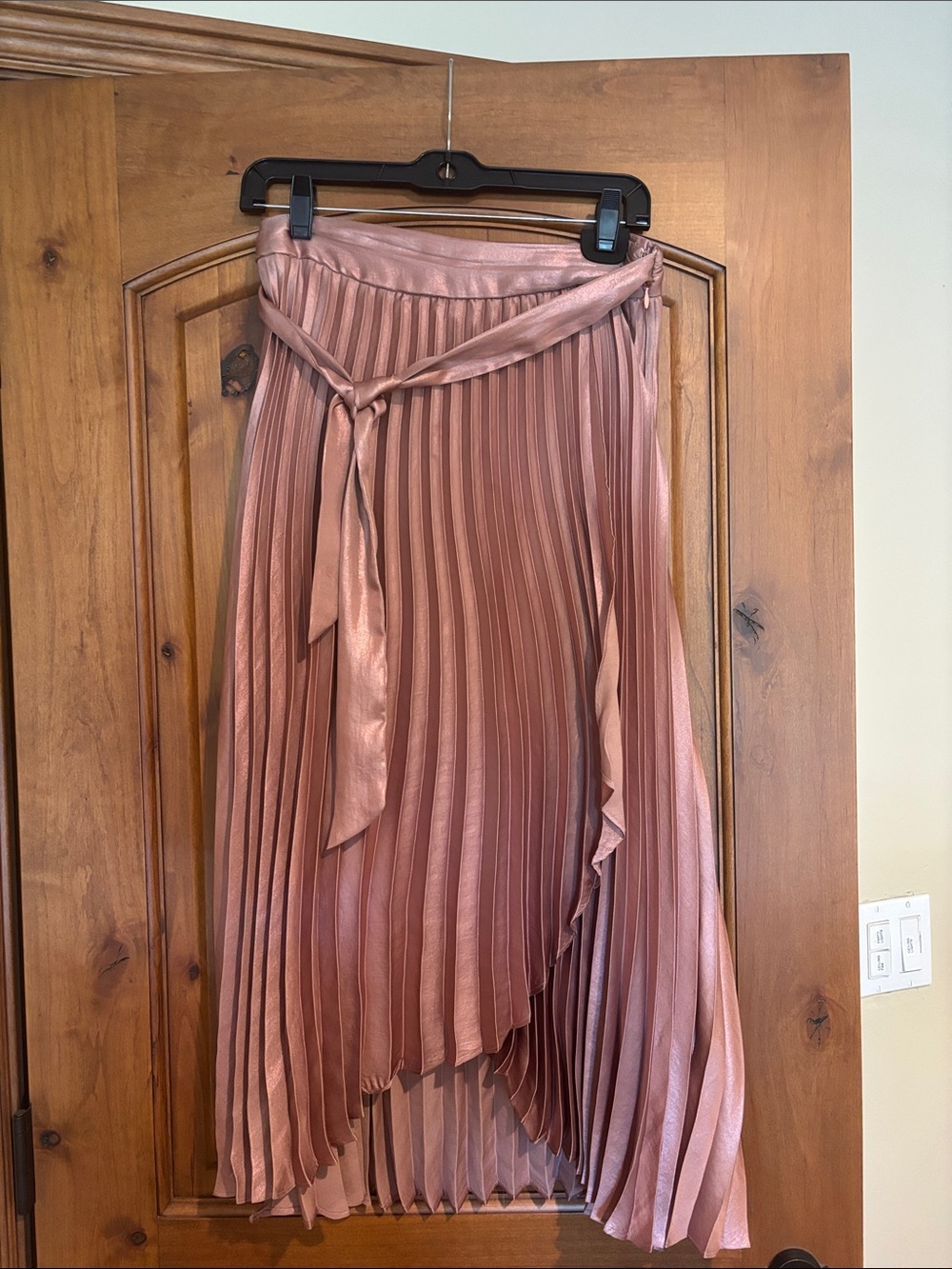 Maeve Pleated Wrap Midi Skirt in Shimmer Dusky Rose